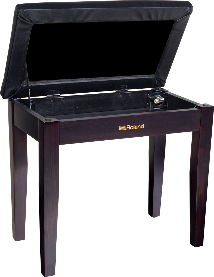 Roland RPB-100 piano bench in rosewood finish with the cushioned black vinyl seat top open to reveal the storage compartment