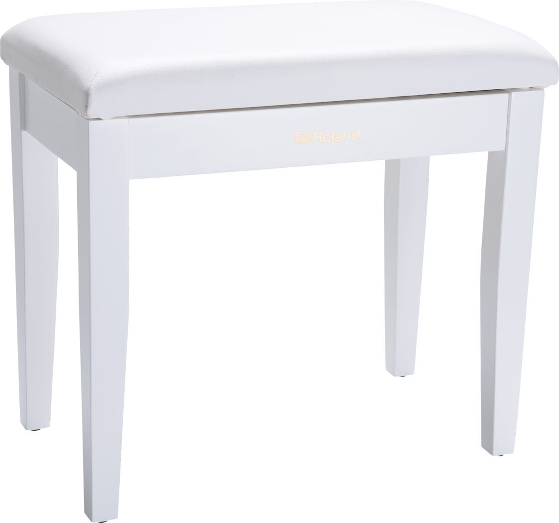Roland RPB-100 piano bench in satin white finish with cushioned white vinyl seat top