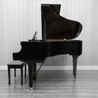 an Essex EGP-161 baby grand piano in a high polish ebony finish
