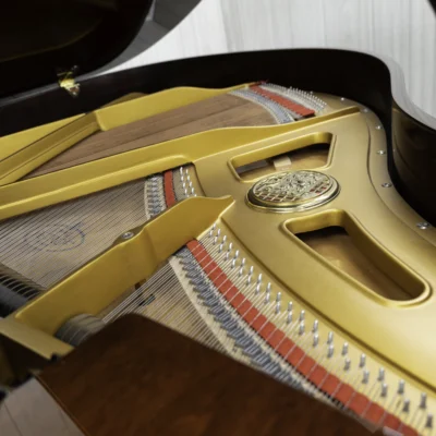 Interior of Petrof baby grand piano in high polish mahogany finish, focusing on the harp and strings.
