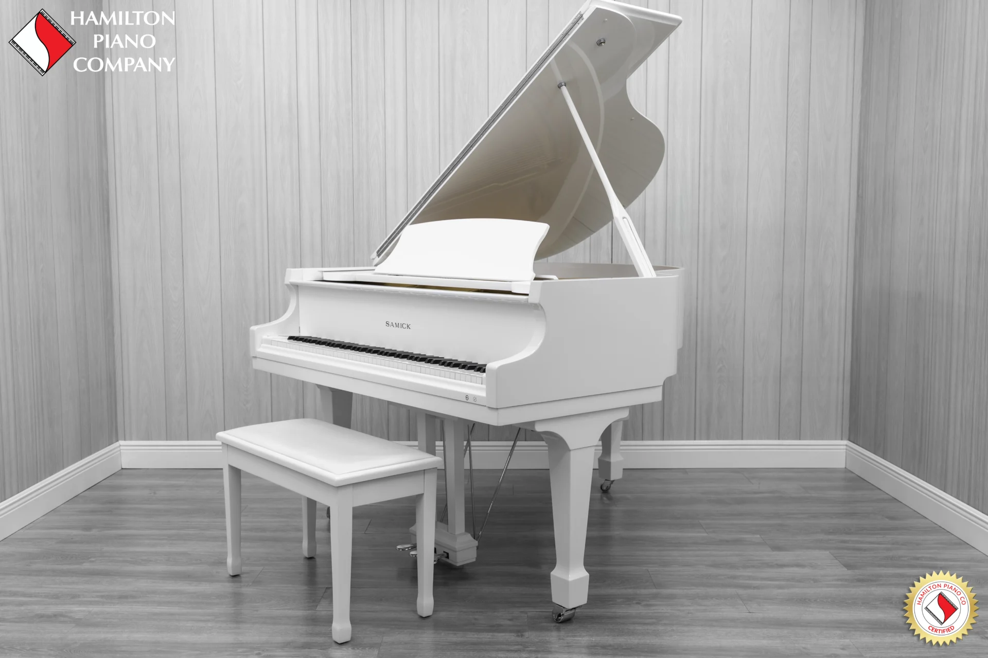 Samick SG-161 Baby Grand Piano in high-polish white finish