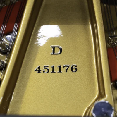 The interior of a Steinway D concert grand piano, focusing on the model and serial number, including the harp, tuning pins, and strings.
