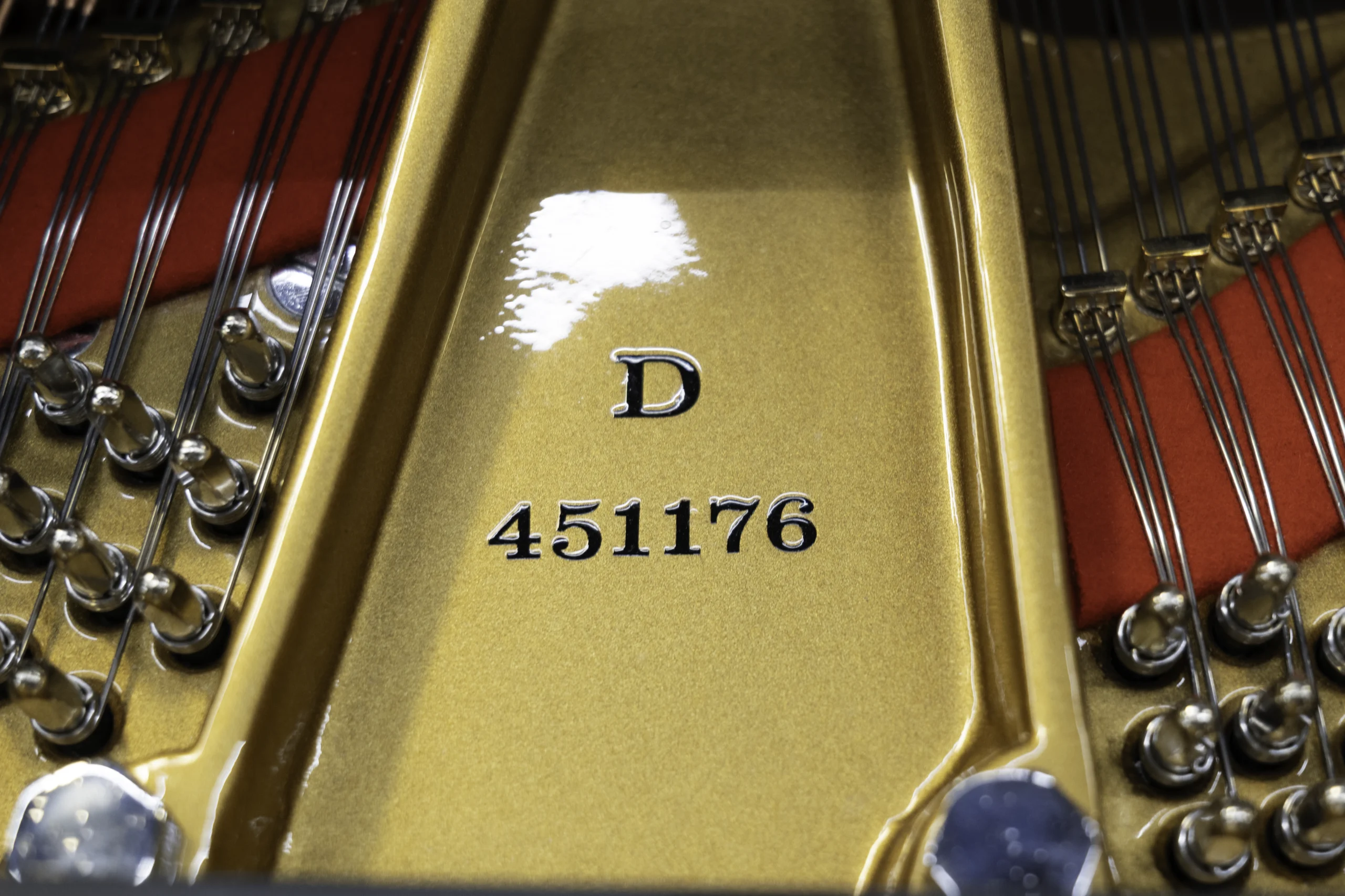 The interior of a Steinway D concert grand piano, focusing on the model and serial number, including the harp, tuning pins, and strings.